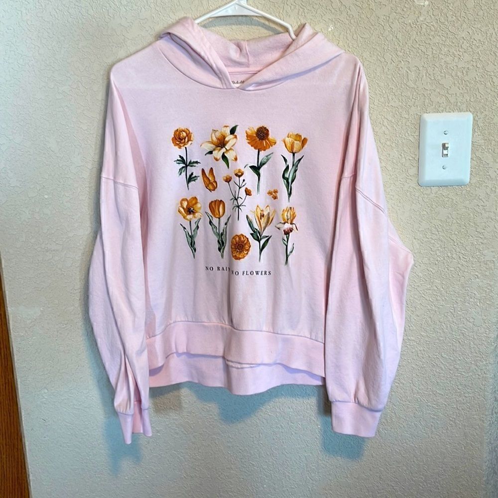 Rebellious One- Pink No Rain No Flowers Screen Print Cropped Length Hoodie, XL